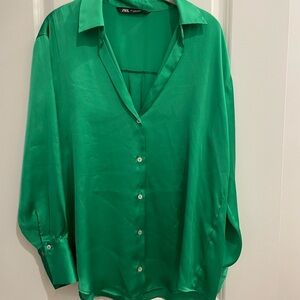 Emerald green silk long sleeve blouse